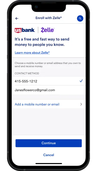 Enroll in Zelle - Enter contact information