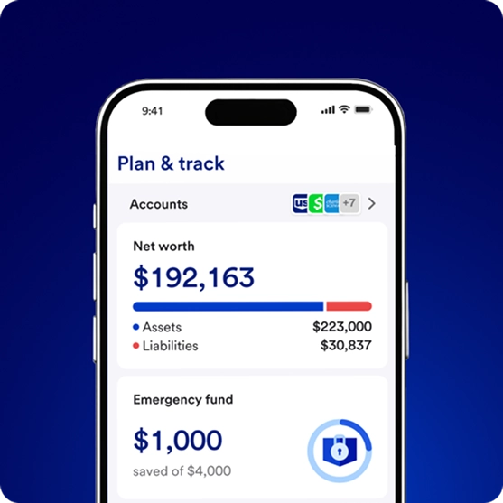 Mobile app view of plan and track showing net worth