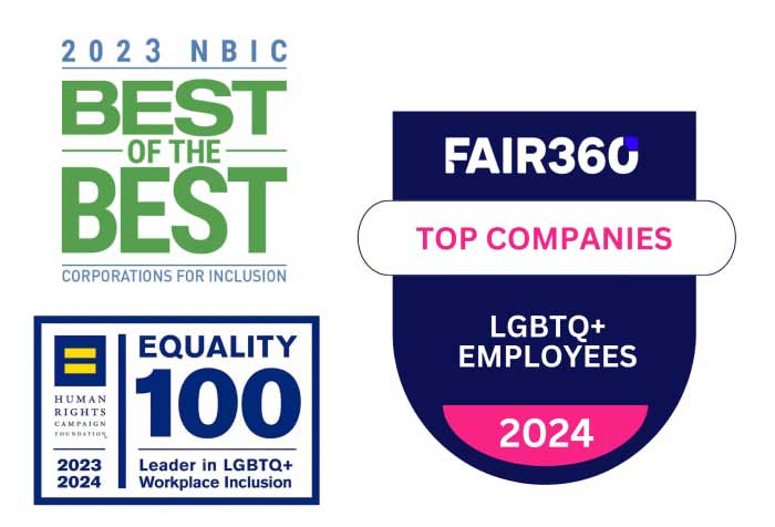 Three organizations’ logos: NBIC Best of the Best Corporations for Inclusion, Fair 360 Top Companies for LGBTQ+ Employees, and Human Rights Campaign Foundation’s Corporate Equality Index.