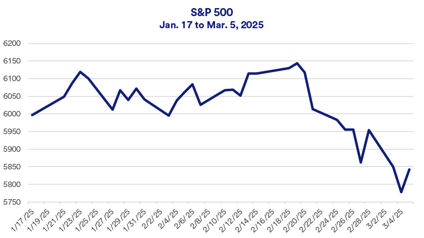 Chart depicts S&P 500 performance 1/17/2025 - 5/5/2025.