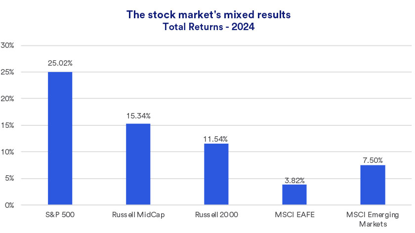 Chart depicts 2024 returns across a range of stock market indices through 12/31/2024.