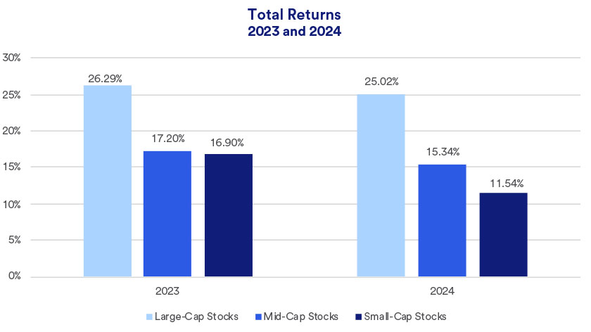 Total S&P 500 returns across Large Cap Stocks, Mid Cap Stocks and Small Cap Stocks comparing 2023 performance with 2024 performance through December 31, 2024.