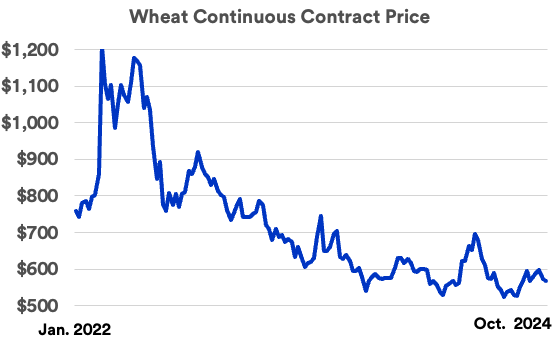 Chart depicts wheat prices on the Chicago Board of Trade between January 2022 - October 25, 2024.