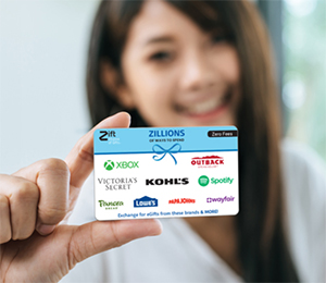 Woman holding gift card with various brand names on it