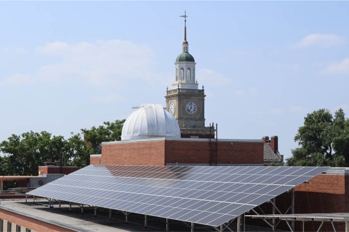 Solar panels on top of a roof at Howard University.