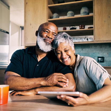 Couple smiling at tablet