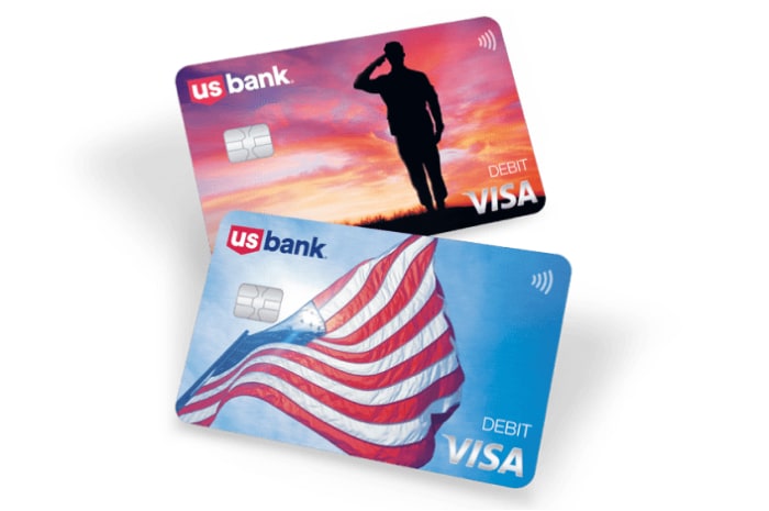 U.S. Bank military debit card designs – Sunrise Salute and American Flag.