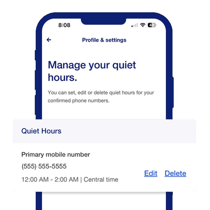 Mobile app view of quiet-hour preferences