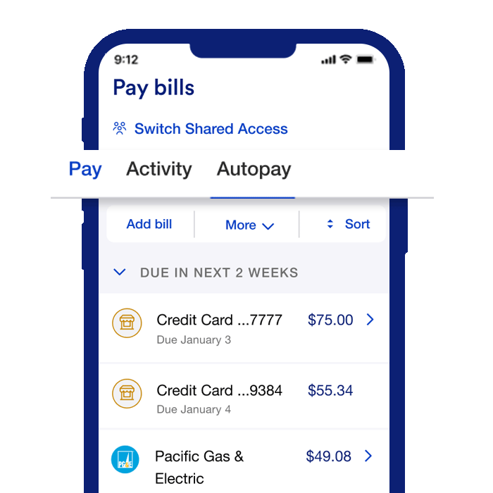 Mobile app view on Pay Bills tool