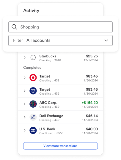 Online banking view of search functionality of activity list