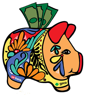 A drawing of a decorated piggy bank