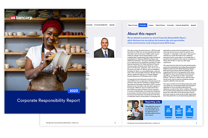 Cover and 2 interior pages of the 2023 U.S. Bank corporate responsibility report.
