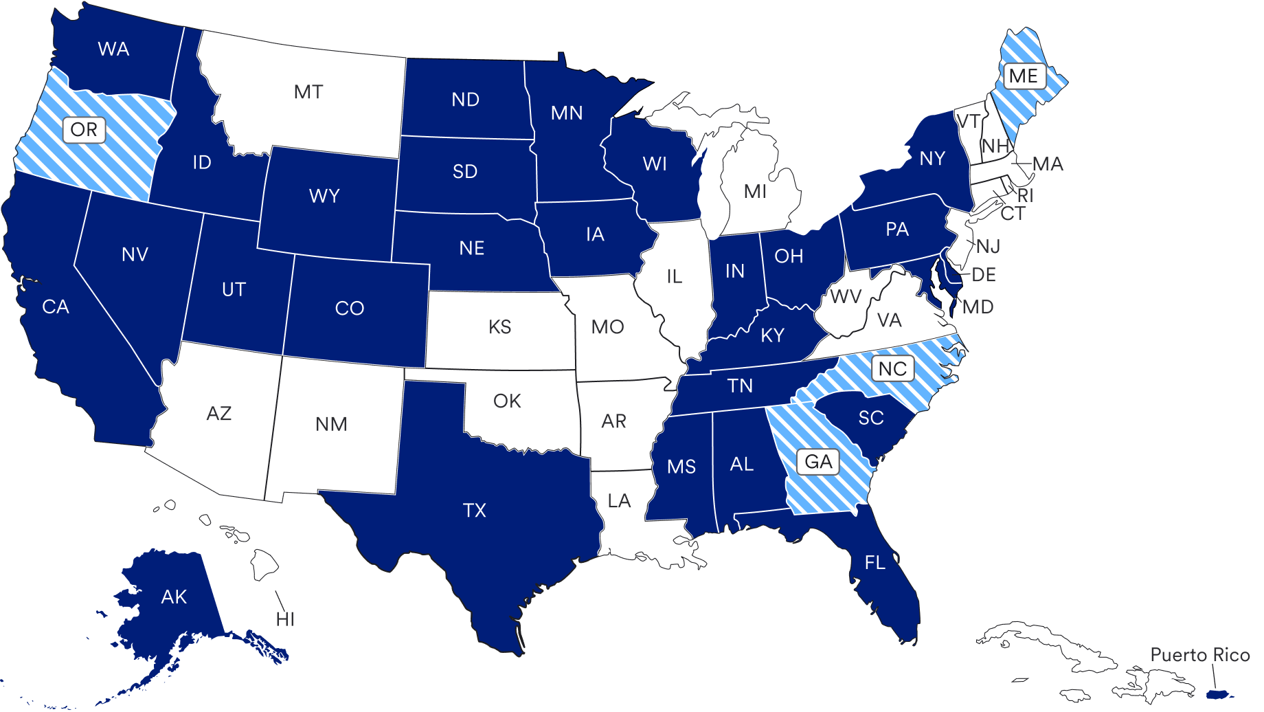 A map of the United States highlighting the states where U.S. Bank is approved by the departments of insurance in each state.