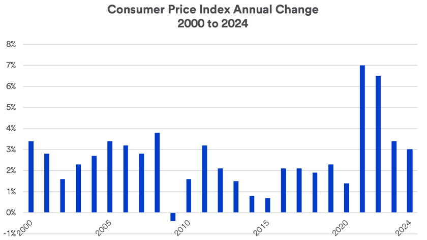 Inflation trends as measured by the Consumer Price Index 2000 - June 2024.