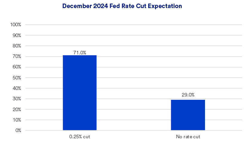 Chart depicts the likelihood of Federal Reserve interest rate cuts at upcoming meetings (as of November 7, 2024).