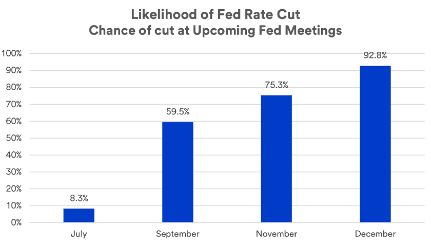 Chart depicts the likelihood of Federal Reserve interest rate cuts at upcoming meetings (as of June 12, 2024).