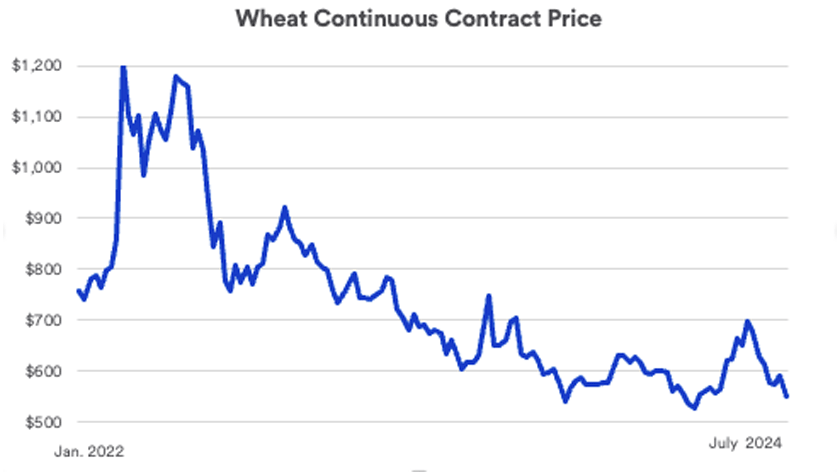 Chart depicts wheat prices on the Chicago Board of Trade between January 2022 - July 12, 2024.